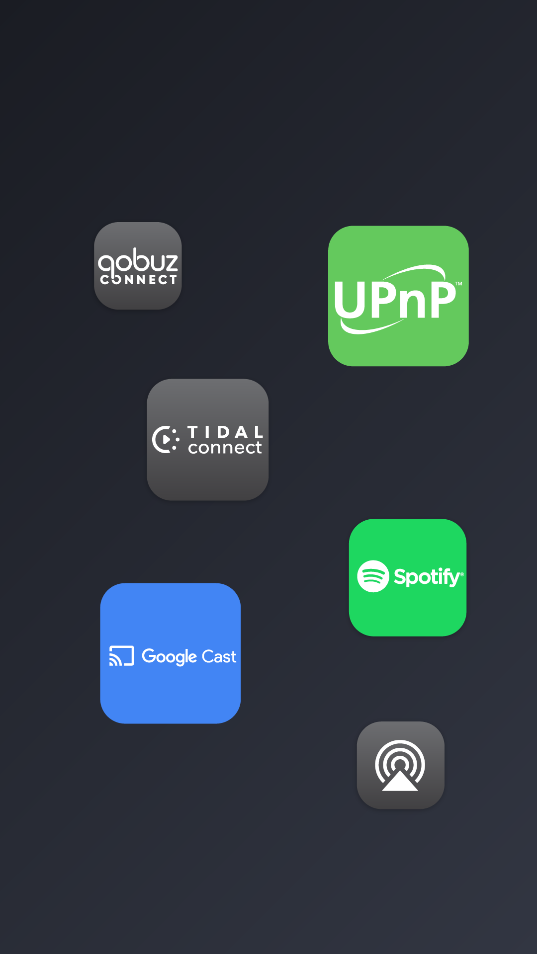 Stream2Go: Cast package – Wireless streaming via UPnP, Google Cast, Spotify Connect, Tidal Connect, and Qobuz Connect. Bluetooth Classic, LE Audio, Auracast, hardware equalizer, IoT protocols, Wi-Fi 6, and setup app included in all packages.
